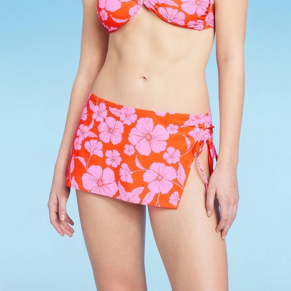 🍁 Womens Cinch Side Skirt Cover Up - Wild Fable Orange Pink Tropical Print - Picture 1 of 3